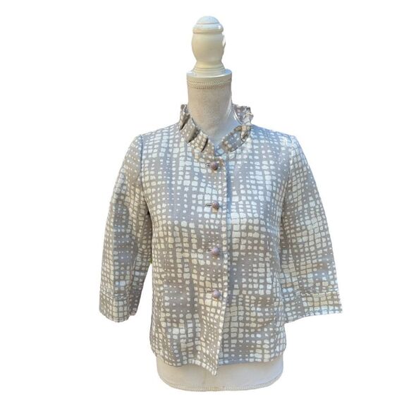 J. CREW GEO PRINT CROPPED COCKTAIL JACKET GRAY IVORY RUFFLED COLLAR BLAZER XS-S* - Picture 1 of 16